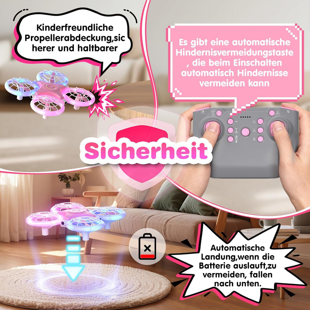 Mini Drohne für Kinder RC Drohne mit LED Geschenke für Jungen und Mädchen | 3 Akkus, 360°Flips Rosa,