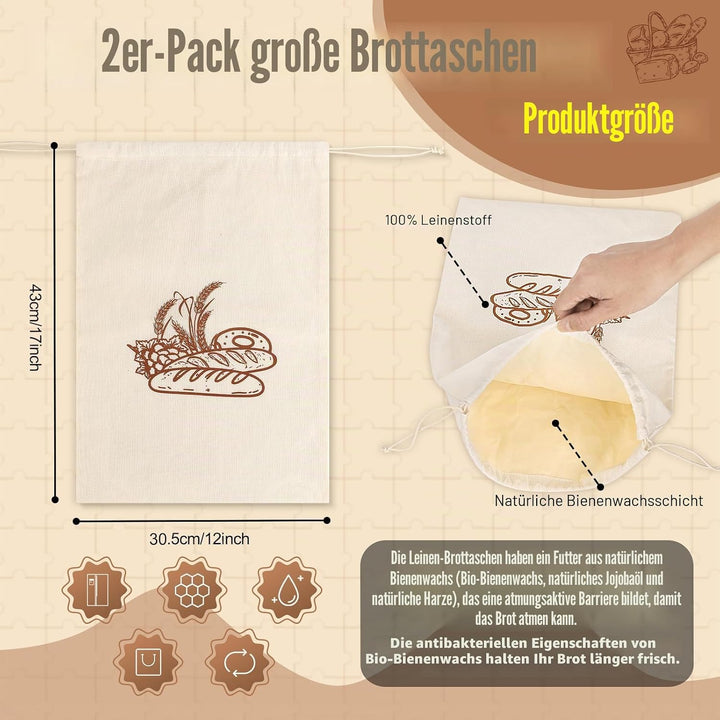 2 Stück 43 * 32,5cm Brotbeutel mit Bienenwachstuch Innenfutter Wiederverwendbare Brottüten Brot Obst
