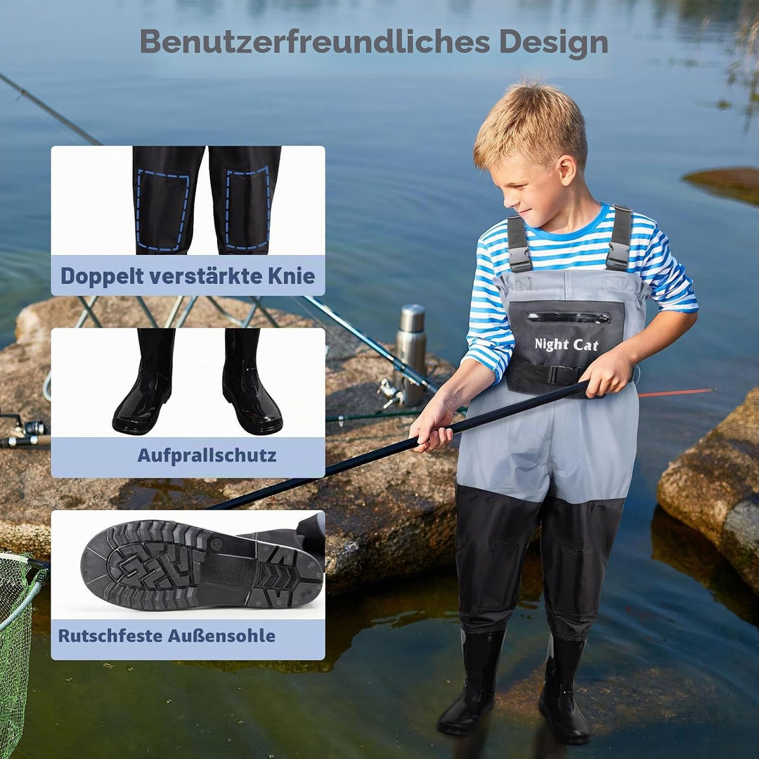 Night Cat Wathose Für Kinder Wathose mit Stiefeln wasserdichte Atmungsaktive Crosswater Waders Blau