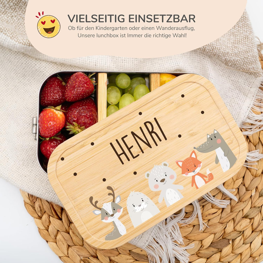 Kidsmood - Personalisierte Brotdose Kinder mit Fächern – Edelstahl Snackbox mit Fächern für Schule &amp;