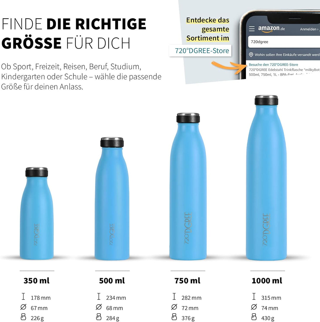 720°DGREE Edelstahl Trinkflasche “milkyBottle” - 750ml - BPA-Frei, Auslaufsicher, Kohlensäure geeign