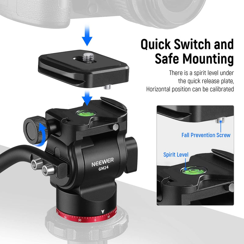 NEEWER Stativ Fluidkopf Pan Tilt Head mit Schnellwechselplatte und Griff, Metall Kamera Stativkopf k