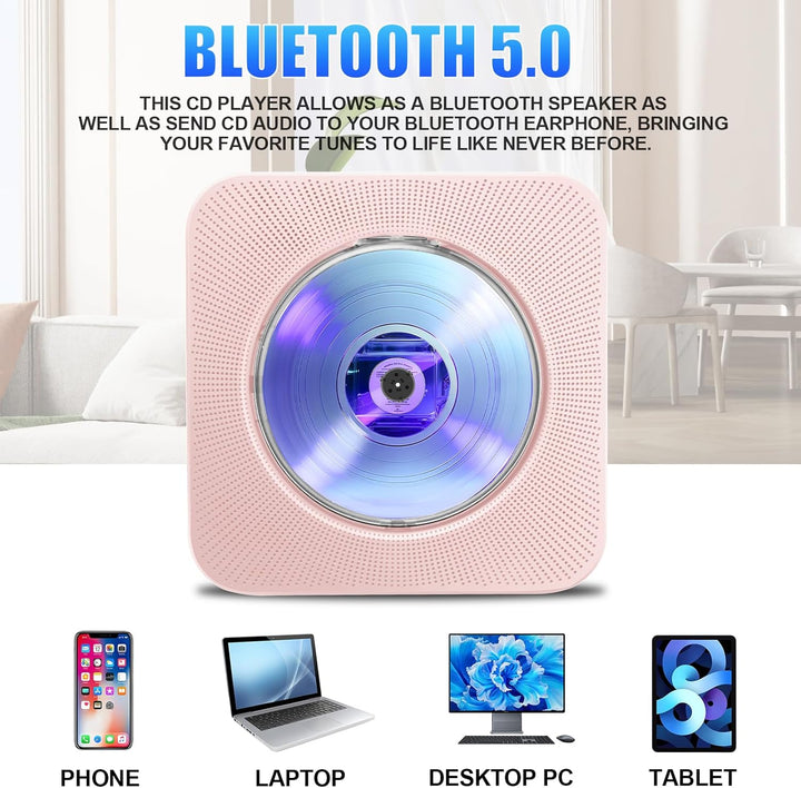 Tragbarer CD-Player für Zuhause, HoneTeek persönlicher CD-Player mit Bluetooth, Lautsprecher, Musik-