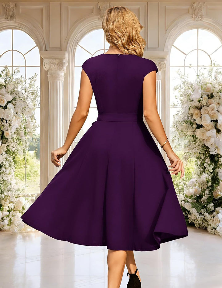 DRESSTELLS Damen Vintage Retro 1950er Cocktaikleid A-Line Swing Festlich Midilang Kleid Grape M, Gra