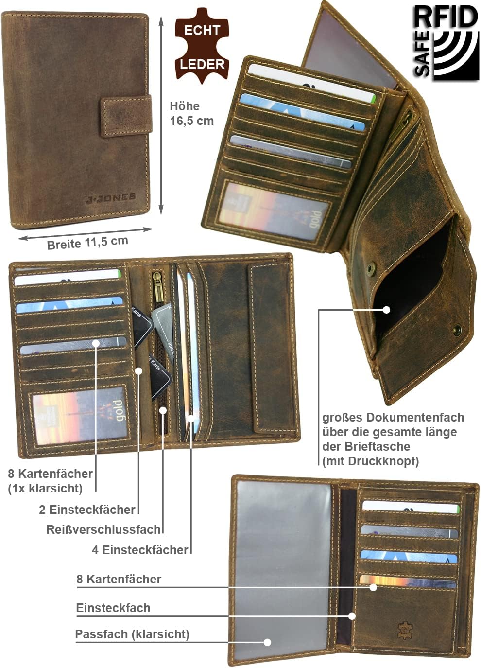 J.Jones Herren Echt-Leder Brieftasche Pass- und Ausweishülle mit RFID-Schutz (Antik-Braun) Antik Bra