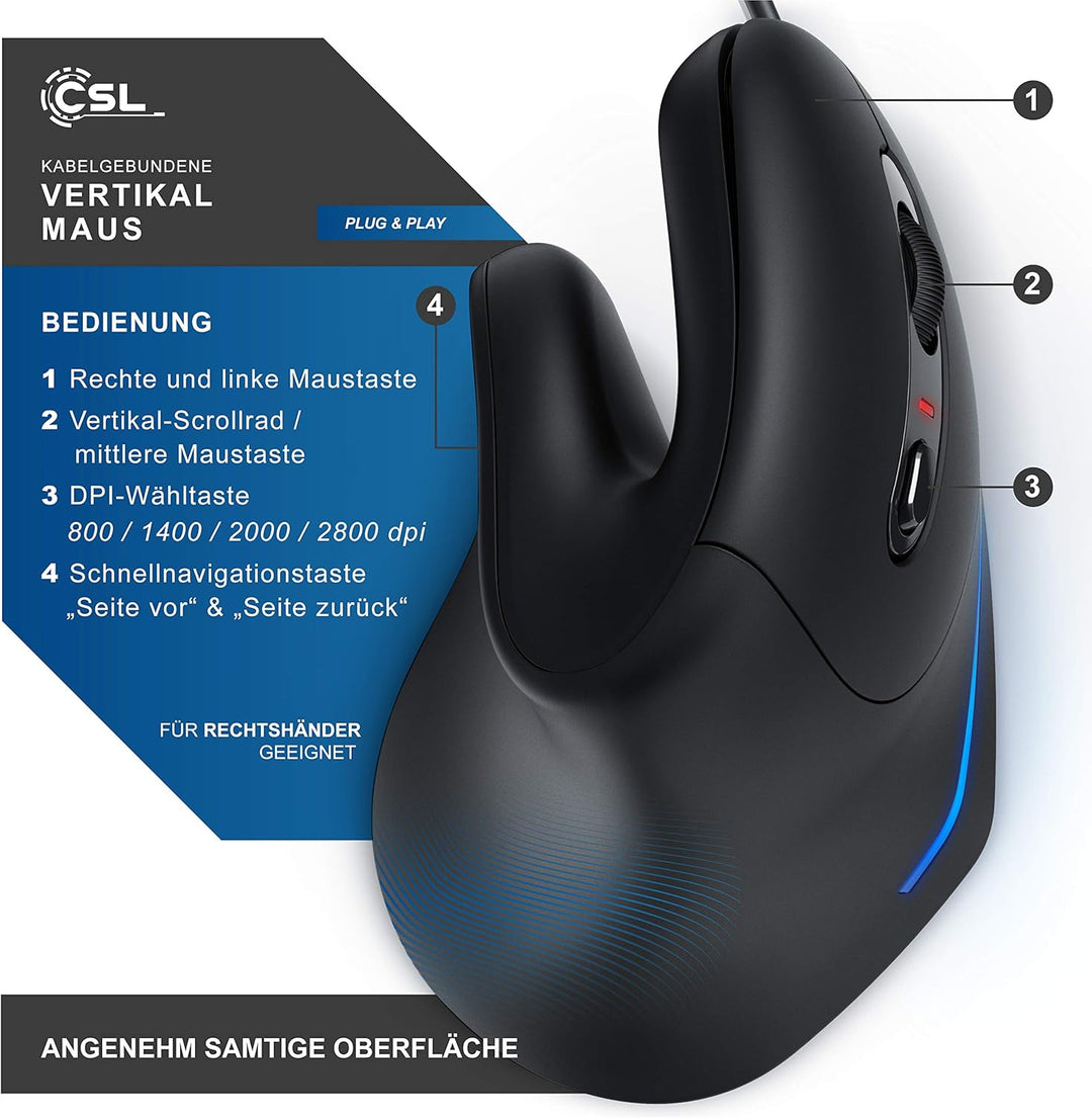 CSL - optische Maus - Mouse Vertikale Ausführung - Computermaus USB kabelgebunden - 800-3200 DPI - V