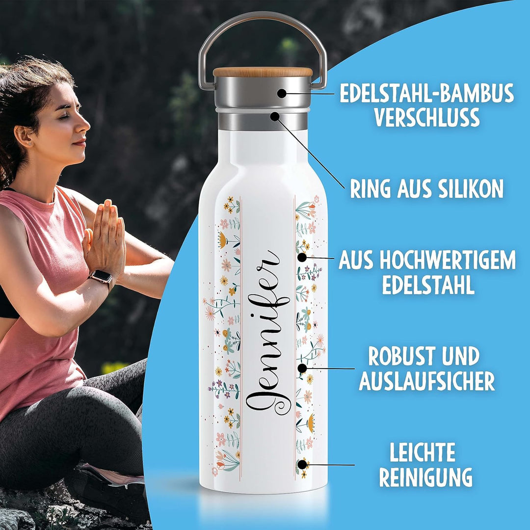 OWLBOOK Blumen Kringelschrift Trinkflasche personalisiert Erwachsene Frauen Edelstahl 600ml - Thermo