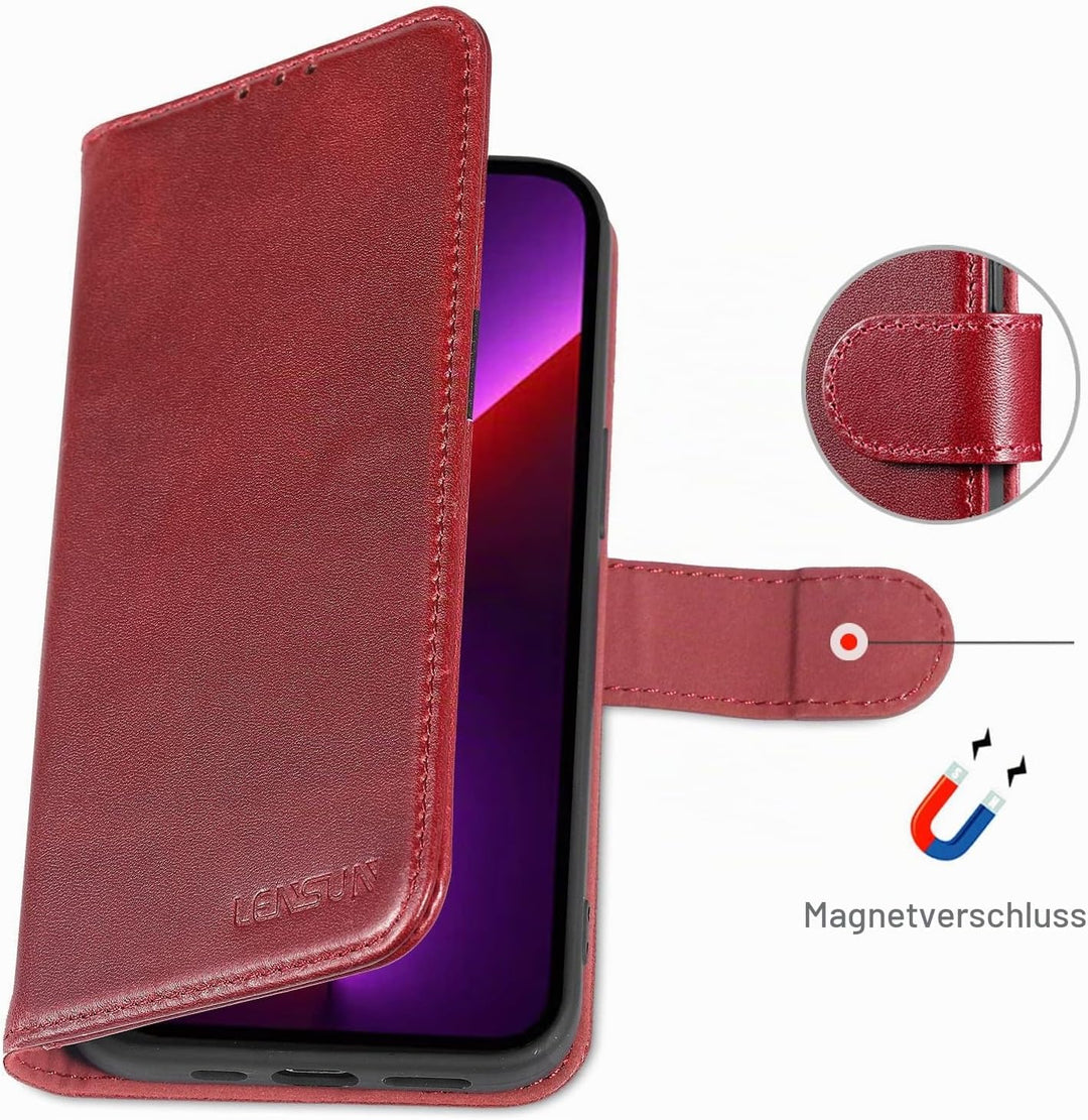 LENSUN Echtleder Hülle für iPhone 13 Pro, Handyhülle Flip Cover [Echtes Leder][Kartenfach][RFID Schu