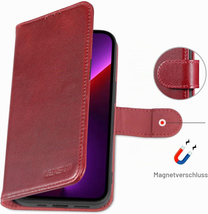LENSUN Echtleder Hülle für iPhone 13 Pro, Handyhülle Flip Cover [Echtes Leder][Kartenfach][RFID Schu