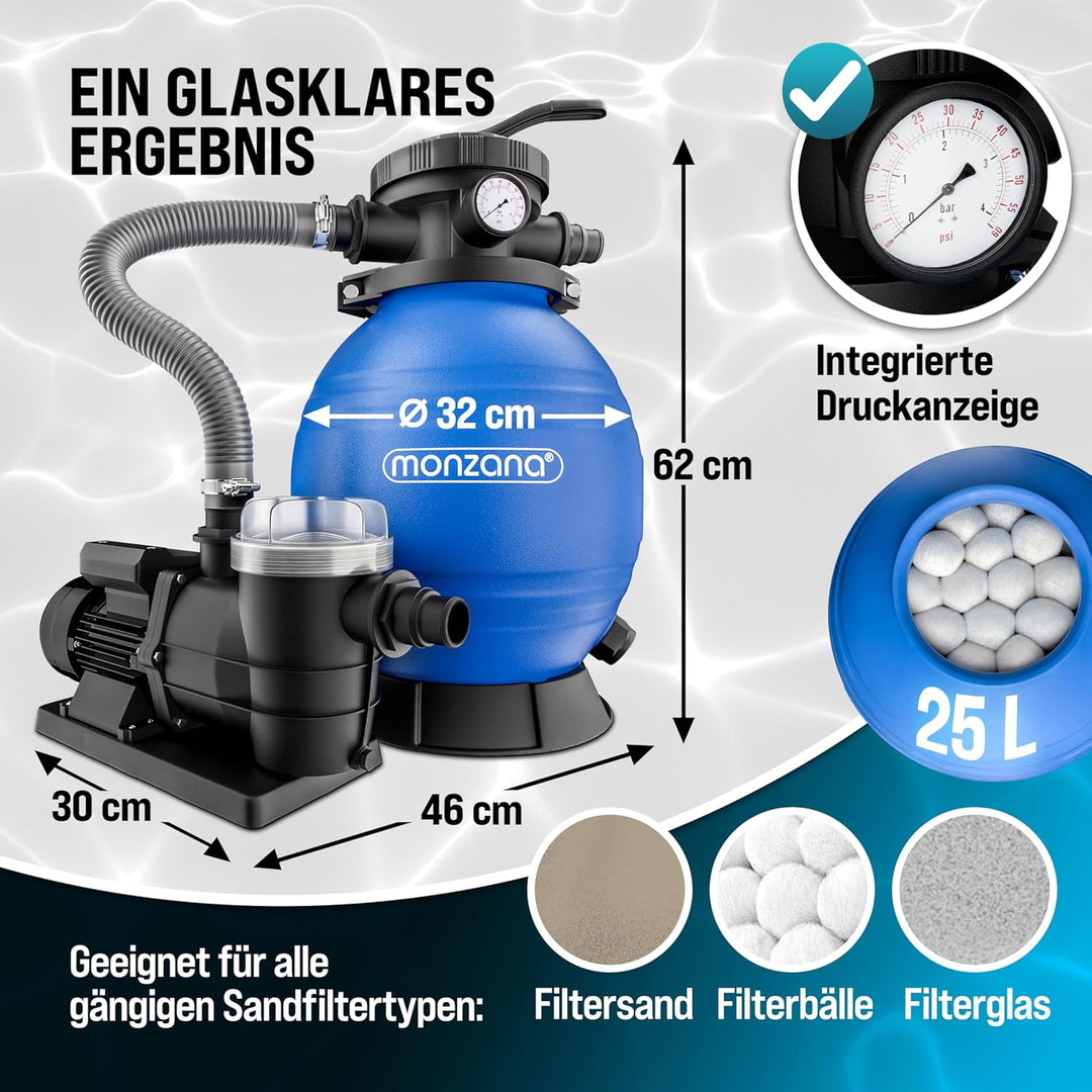 MONZANA® Sandfilteranlage SF96K 9.600L/h bis 30.000L Pool inkl Filterbällen 7 Wege Ventil 2in1 Adapt