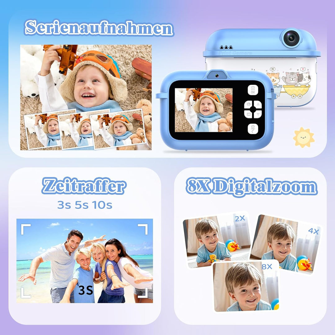 Sofortbildkamera Kinder, 48MP Kinderkamera Sofortbildkamera mit Dual-Kamera, mit Druckpapier & 32G T