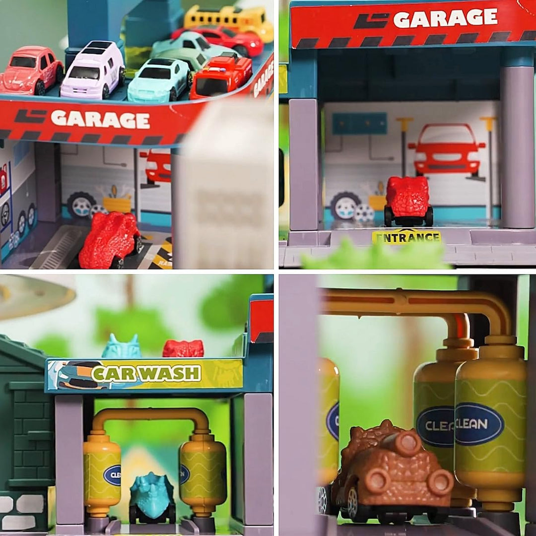Dinosaurier Spielzeug Rennstrecken Spielset mit 7 Ebenen 8 Autos, Autorennbahn Parkhaus Garage City