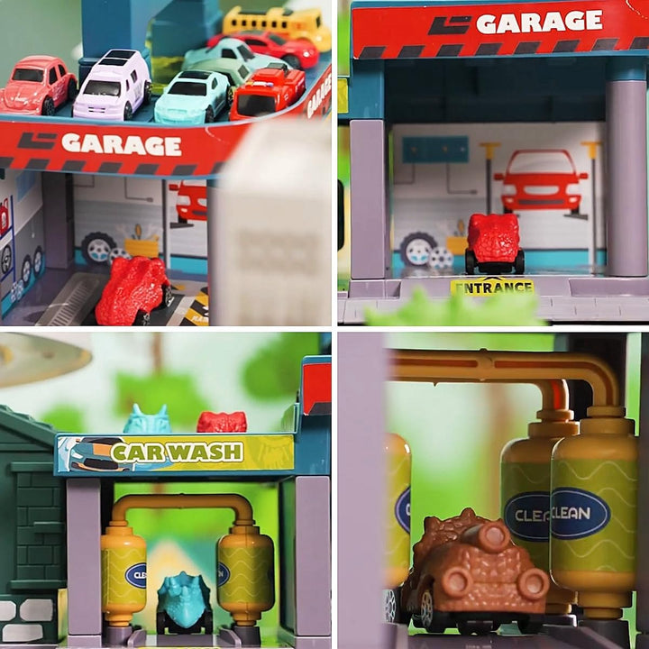Dinosaurier Spielzeug Rennstrecken Spielset mit 7 Ebenen 8 Autos, Autorennbahn Parkhaus Garage City