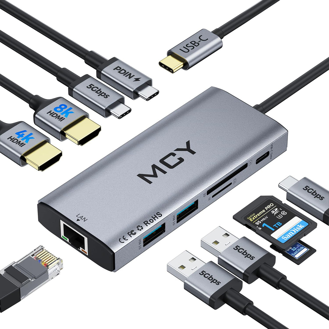 MCY Docking Station Zwei Display, 10 IN 1 USB C Hub 2 HDMI, Gigabit Ethernet, 2 USB C/USB A 3.0 Port