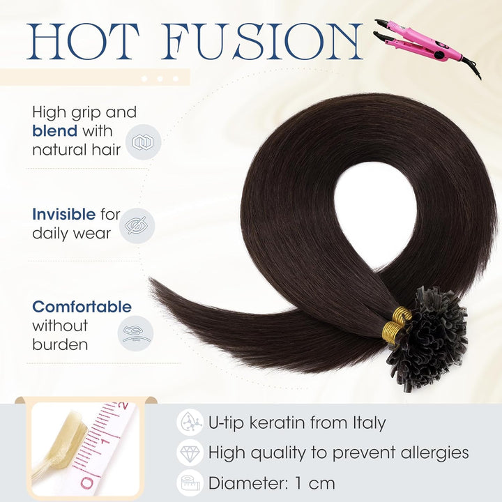 Elailite Bondings Extensions Echthaar #2 Dunkelbraun, 50g 60cm U Tip Hair Extensions Keratin 100 Str