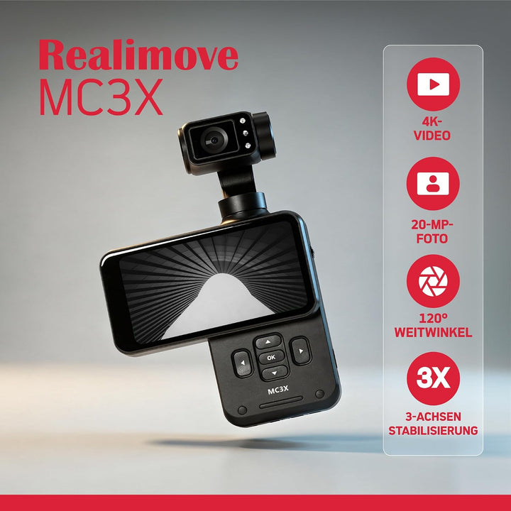 AGFA Photo Gimbal Realimove MC3X - Caméra Stabilisateur 3 Axes 4K Ultra HD, Écran Tactile Rotatif 3,