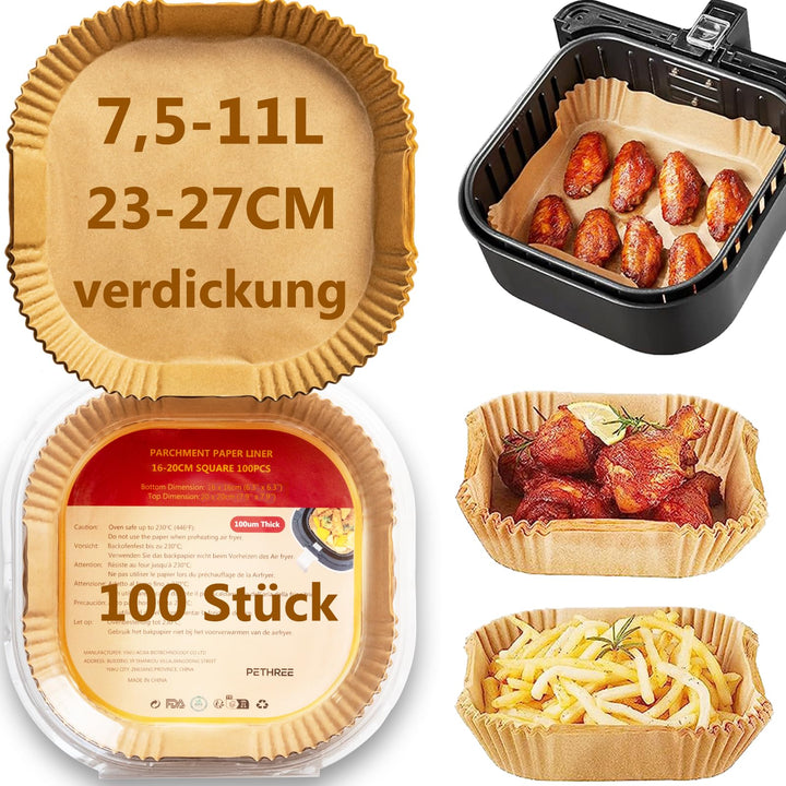 Backpapier für Heissluftfritteuse 8-10L, 100 Stück BPA-frei Verdicktes 23-27cm Airfryer Baking Paper