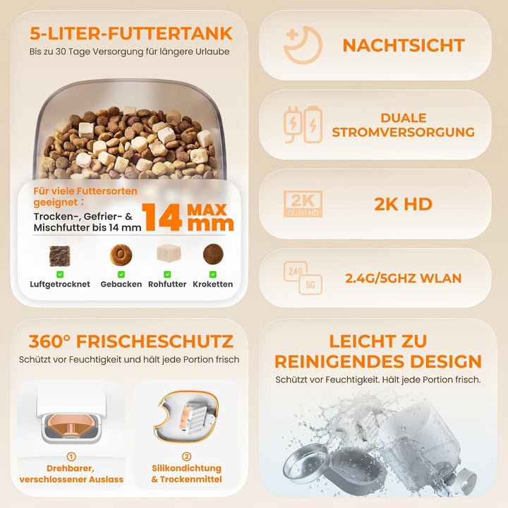 HHOGENE 5L Futterautomat Katze mit Kamera &amp; 1080P Nachtvision, automatischer Katzenfutterautomat KI-