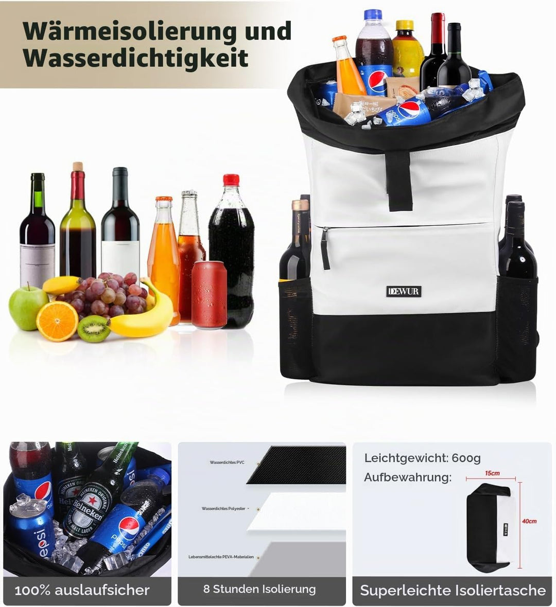 DEWUR 35L Thermo Rücksack Kühlrücksack Kühltasche Wasserdichter Picknickrücksack mit Flaschenöffner