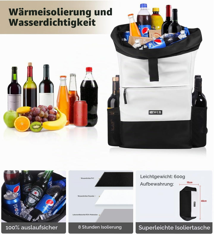 DEWUR 35L Thermo Rücksack Kühlrücksack Kühltasche Wasserdichter Picknickrücksack mit Flaschenöffner