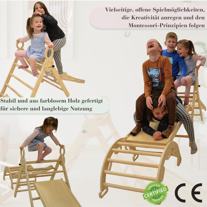 5-in-1 Montessori Klettergerüst Indoor Set – Pikler Dreieck, Kletterbogen, Kletternetz und Indoor Ru