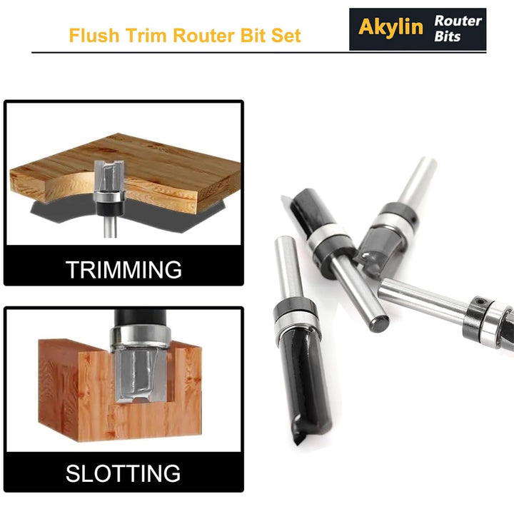 4 Stück Bündigfräser 6 mm Schaft, Kopierfräser für Oberfräse, Bündigfräser mit anlaufring oben Set H