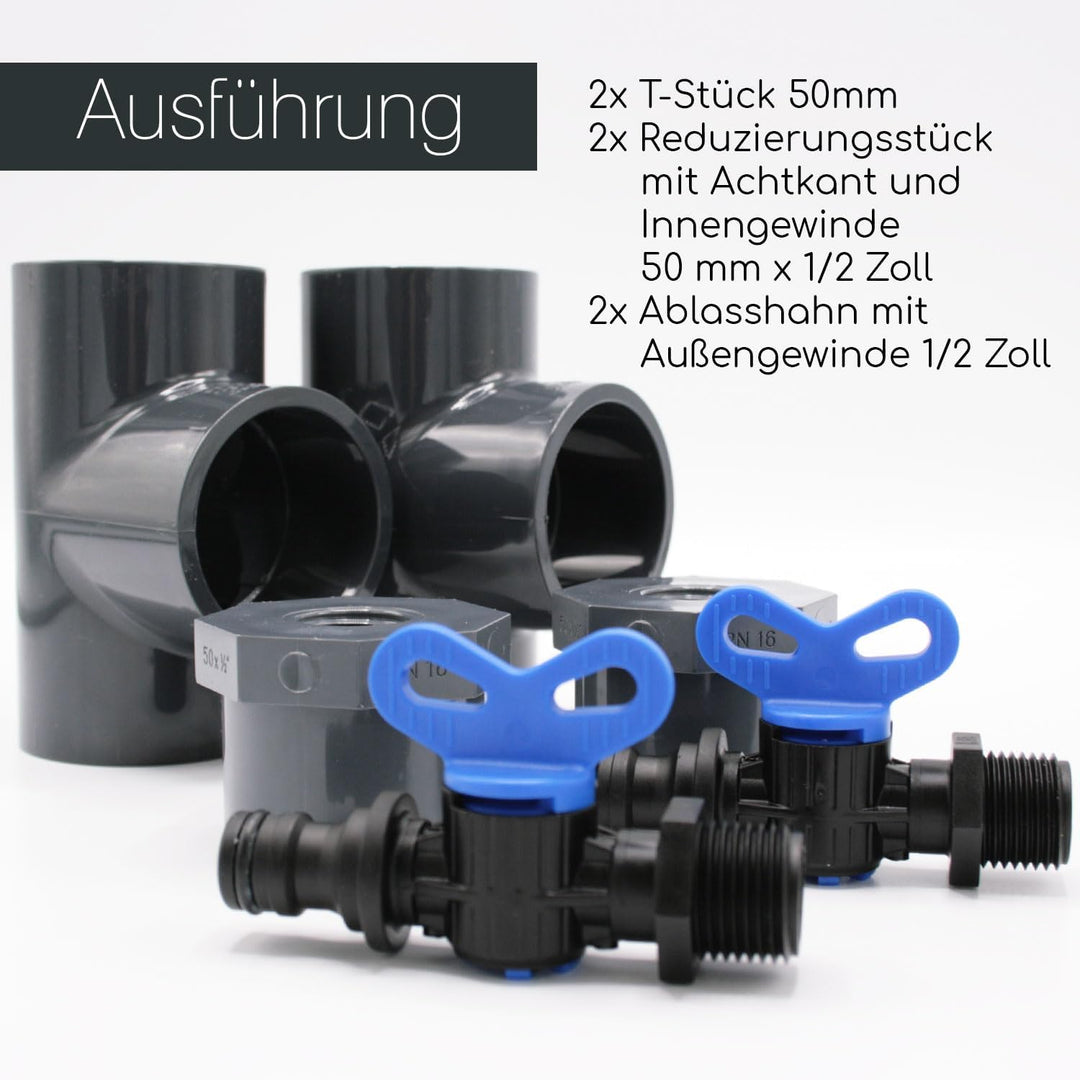 2 Entleerungs-Sets für PVC Verrohrungen und Pools I 2x T-Stücke 50 mm I 2x Reduzierungsstück 50 mm x