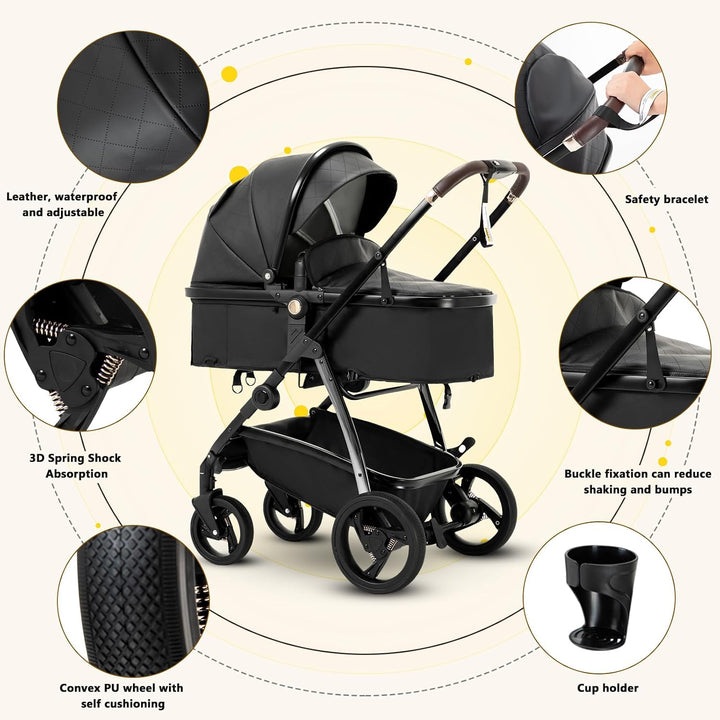Gcarebb PU Leder 3 in 1 Kinderwagen, Buggy Mit Auto Babyschale, Mit Einem Klick Zusammenklappbarer T