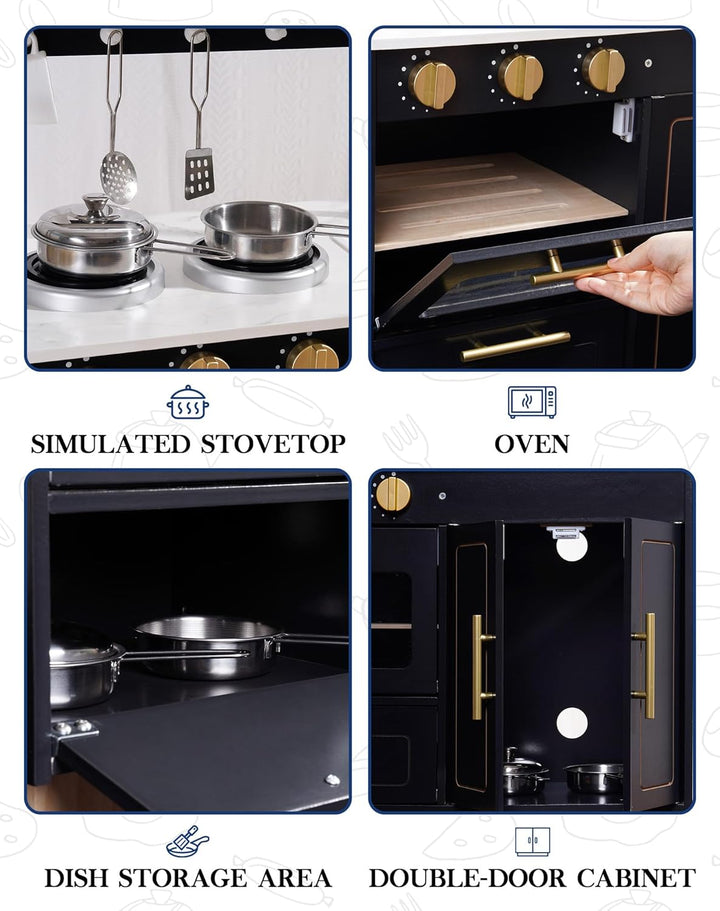 ROBOTIME Spielküche für Kinder – Realistische Küche aus Holz mit marmorverzierter Platte und goldene