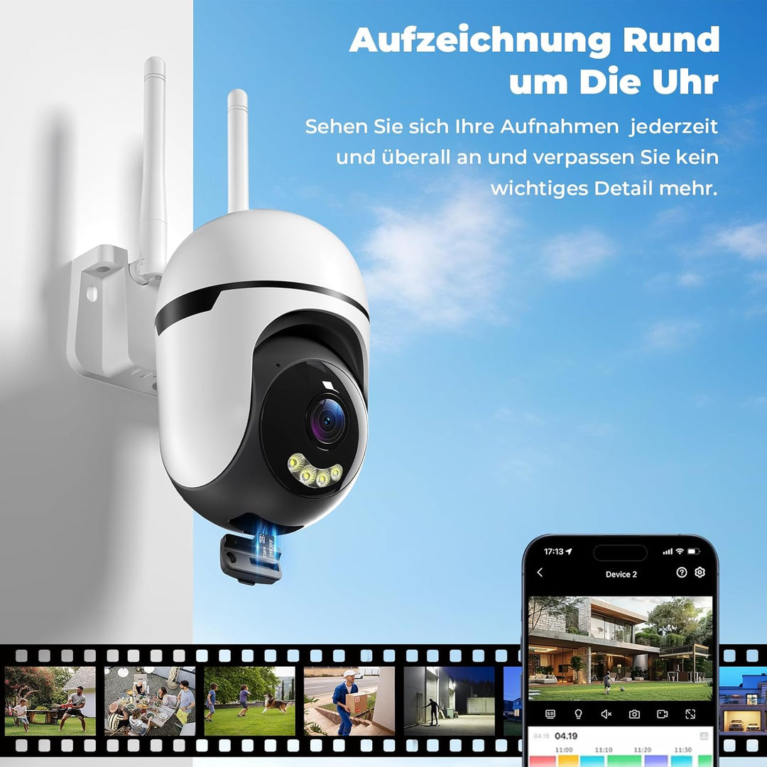 2K Überwachungskamera Aussen, WLAN 360° Kamera 3MP 2.4G & 5G WiFi mit Farbiger Nachsicht, IP66, Zwei