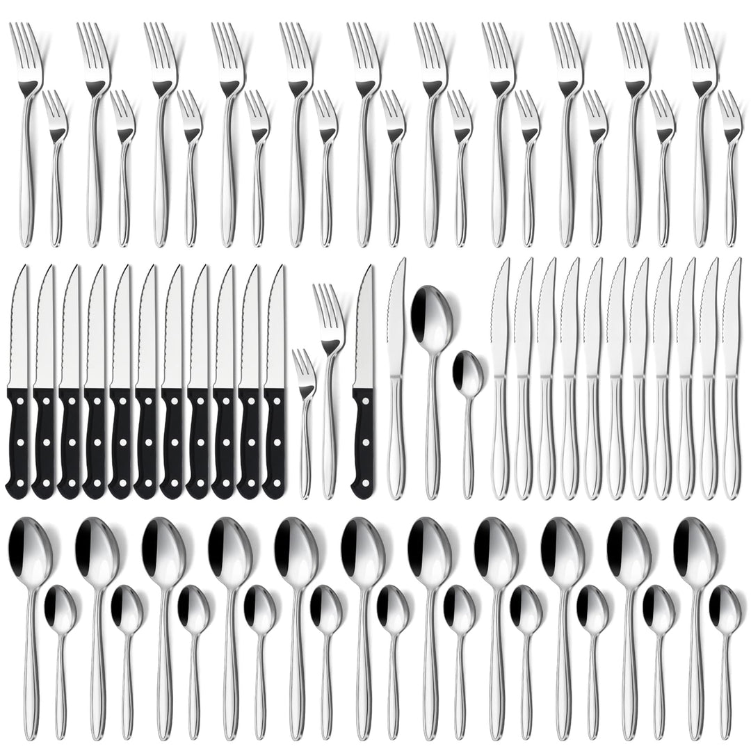 Hunnycook Besteck Set 12 Personen mit Steakmesser, Premium Edelstahl Besteck Set 72 Stück, Elegantes