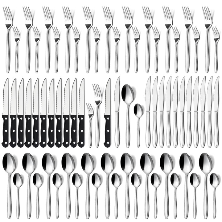 Hunnycook Besteck Set 12 Personen mit Steakmesser, Premium Edelstahl Besteck Set 72 Stück, Elegantes