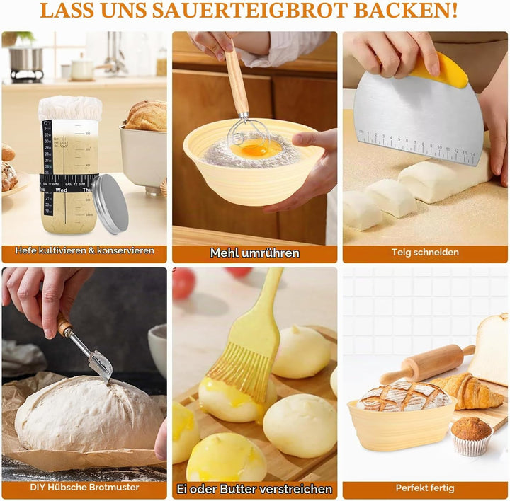 Gärkörbchen, 12-Teilig Sauerteig Starter Set, 2 Gärkorb Set aus Silikon - Gärkörbchen Oval und Rund,