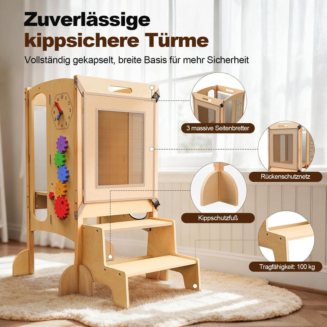 Lernturm ab 1 jahr, 5 in 1 Multifunktional Lernturm für Kinder, Montessori Learning Tower mit Tafel,