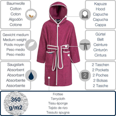 Morgenstern Bademantel Kinder Mädchen Jungen Frottee Baumwolle Kapuze OEKO-TEX Kinderbademantel, Lil