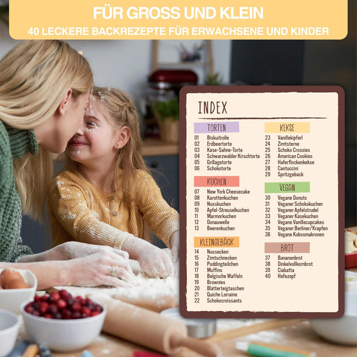 Backkarten - 40 Backrezepte als Backzubehör im Back Set - Geschenke zum Backen - Back Zubehör & Gesc