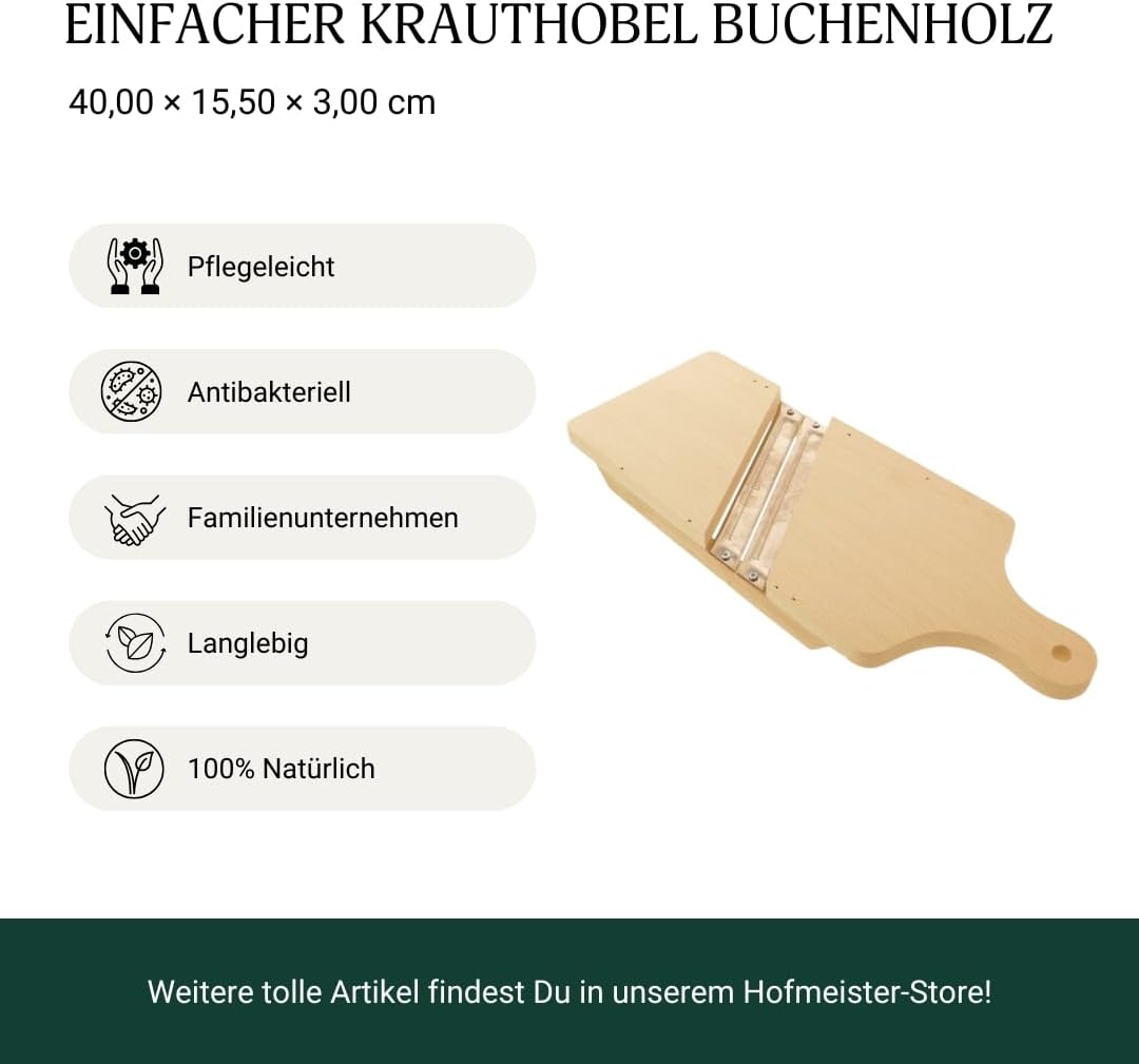 HOFMEISTER® Krauthobel aus Holz, 40 cm, scharfe Klingen schneiden alle Krautköpfe und Gemüsesorten,