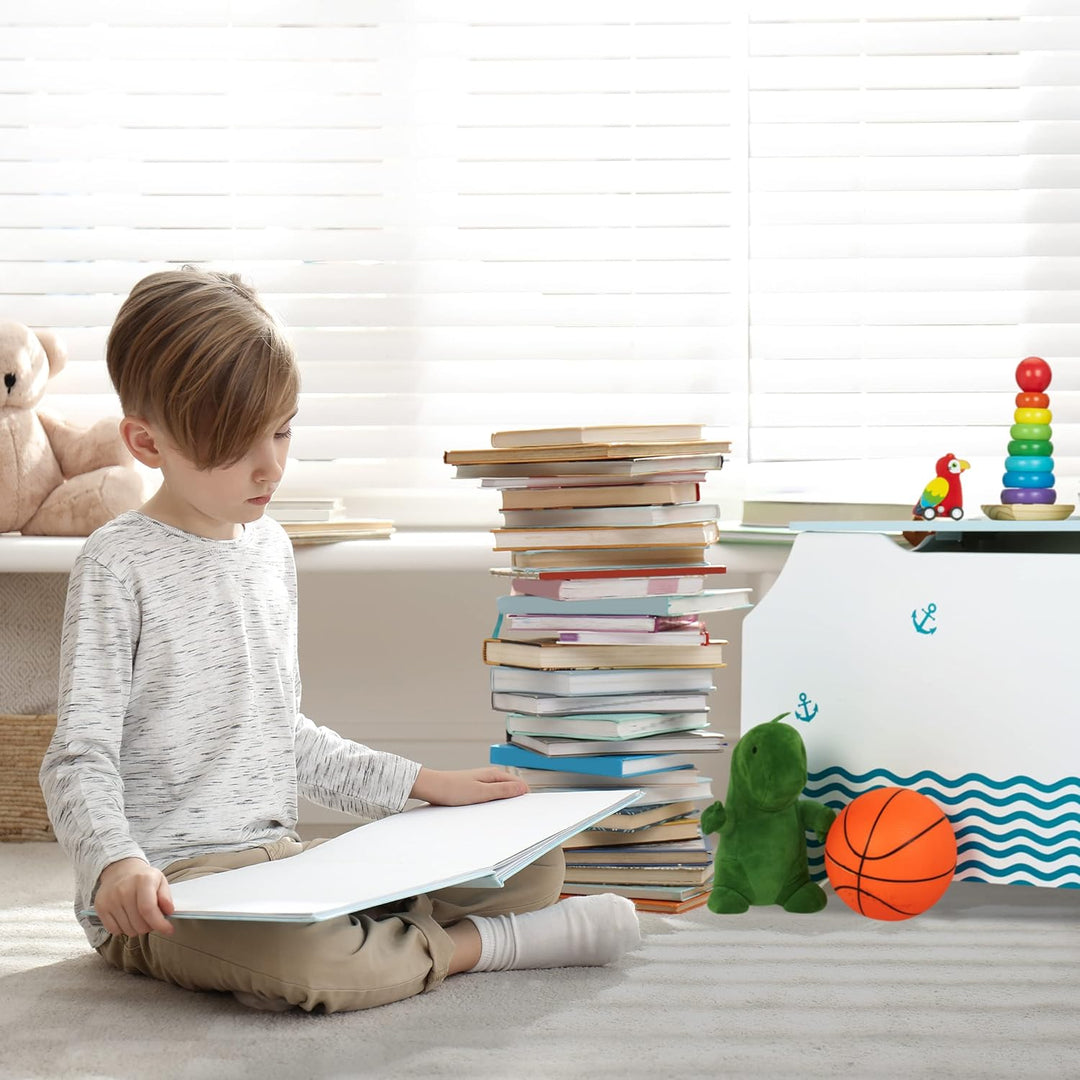 Relaxdays Spielzeugtruhe Seemann, Spielzeugkiste mit Deckel, HBT: 46 x 84 x 42,5 cm, Bücherfach, Spi