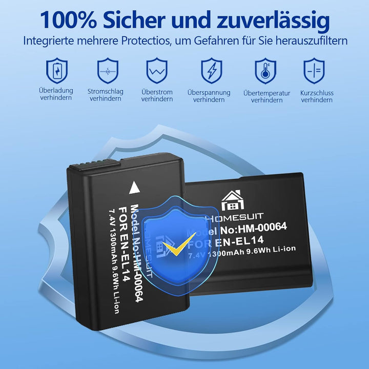 Homesuit EN-EL14 EN-EL14a Akku 1300mAh und LCD Dual Ladegerätsatz für Nikon D5600, D3300, D3500, D51
