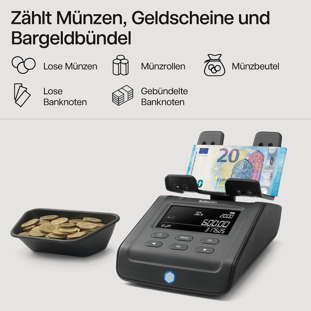 Safescan 6165 Geldzählmaschine, Wertzählung für Münzen und Banknoten - Münzzähler mit automatischer