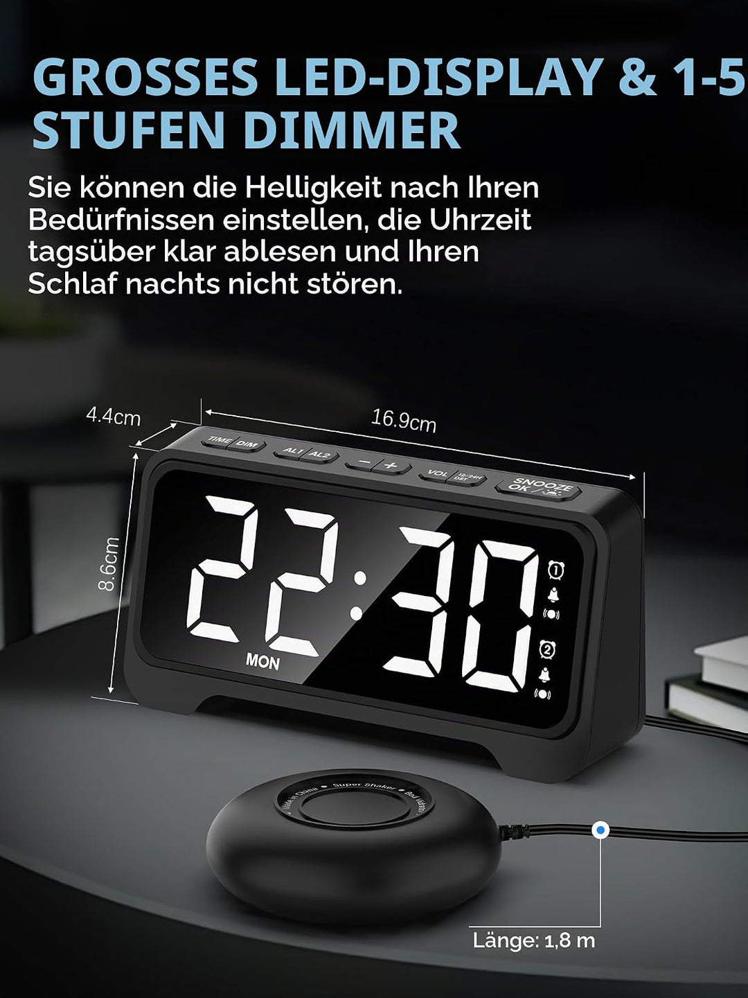 Mesqool Vibrationswecker, Lauter Wecker für Tiefschläfer, Digitaler Wecker mit Nachtlicht, Grosses D