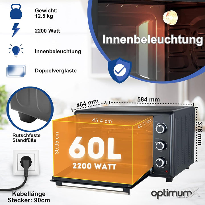 OptimumX Minibackofen 60 Liter XXL mit Umluft, 2200W, Drehspiess, Anthrazit, 60 Liter
