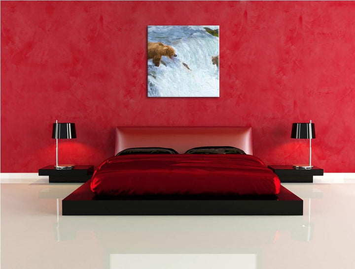 Pixxprint Bär beim Baden, Format: 70x70 auf Leinwand, XXL riesige Bilder fertig gerahmt mit Keilrahm