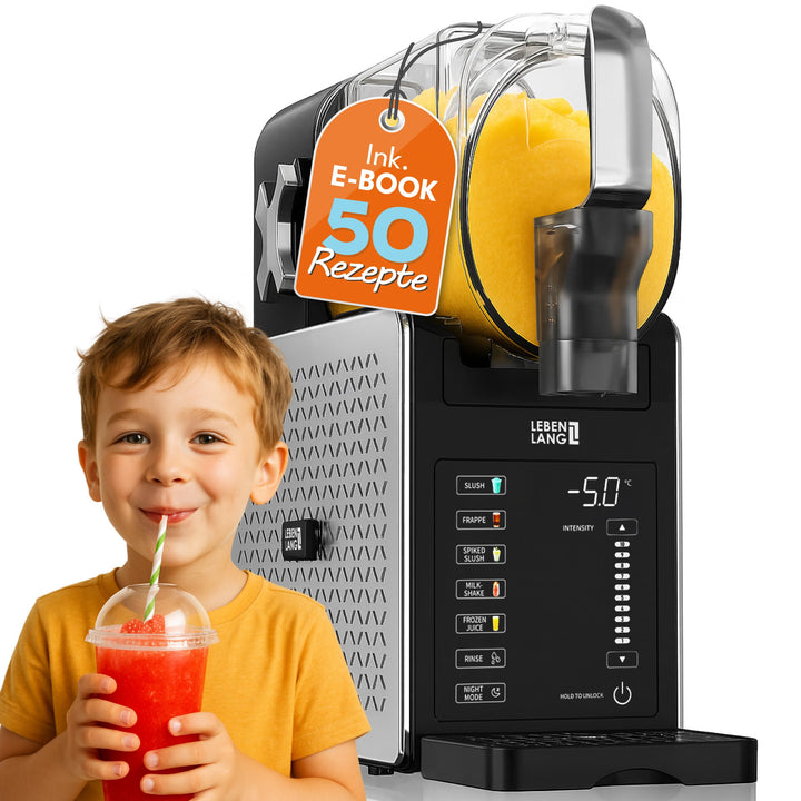 LEBENLANG Premium Slush Maschine 2L - 5 Modi & 15 Min QuickFreeze I Inkl. Rezeptbuch & Auto-Reinigun