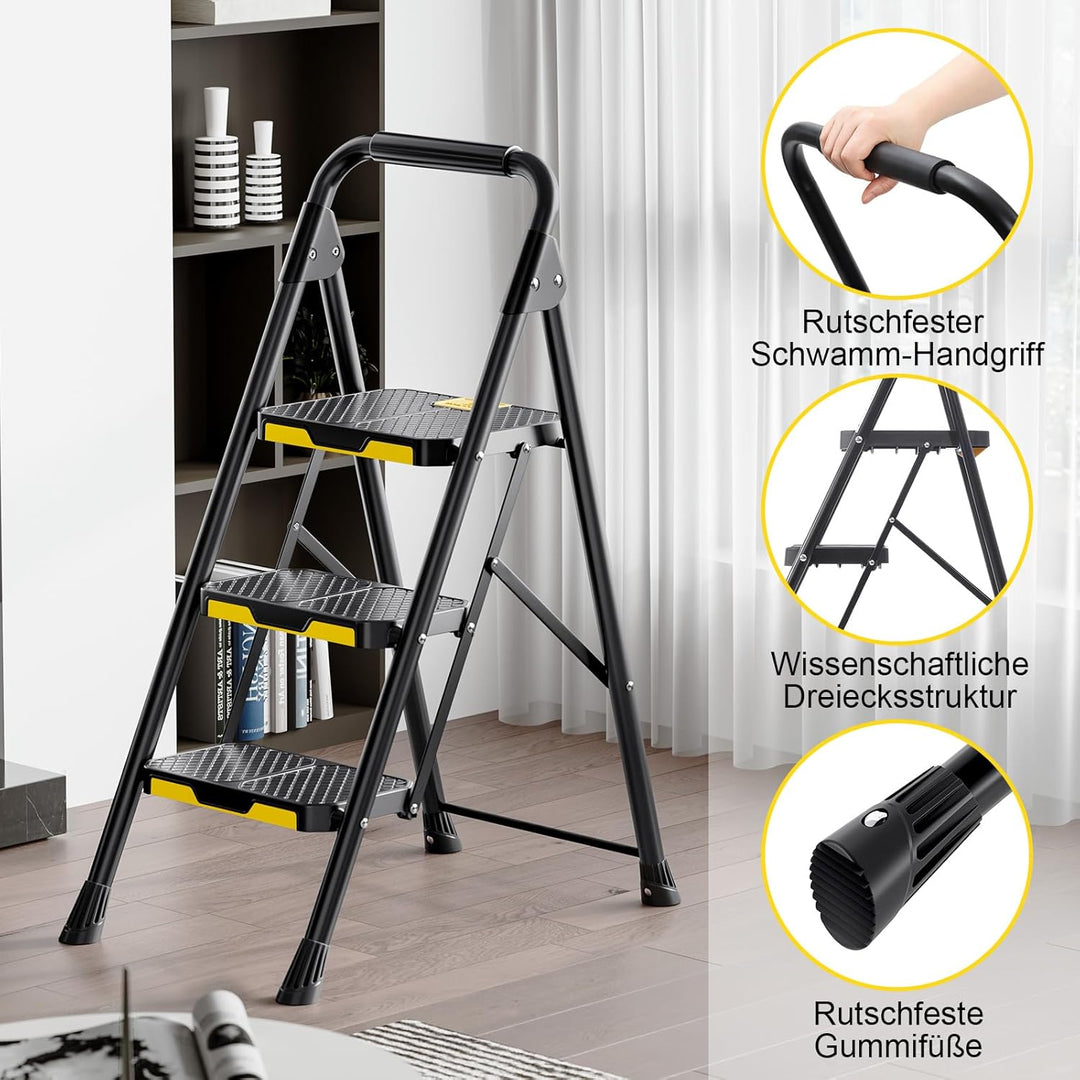 KINGRACK 3 Stufenleiter, 3 Stufen klappbar mit rutschfestem, breitem Pedal und Handläufen, leichte H