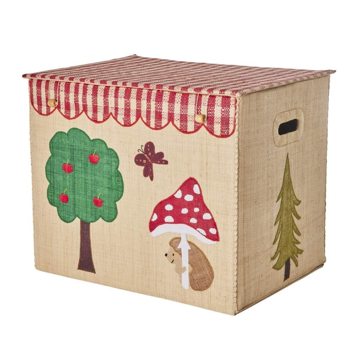 RICE Aufbewahrungskorb Happy Forest | Kinderzimmer-Korb mit Waldmotiv, Deckel & Griffen | Handgefert