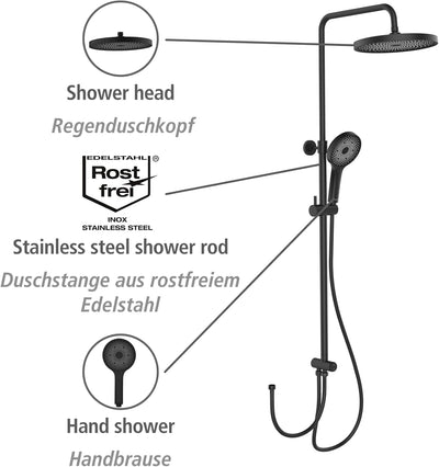 WENKO Duschsystem Softwater, Duschstange aus Edelstahl mit Regenduschkopf, Handbrause, Duschschlauch