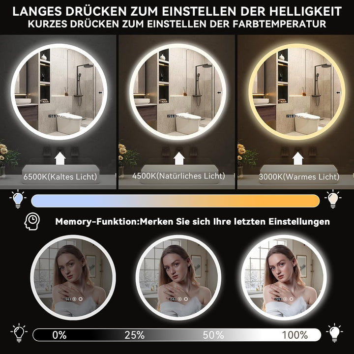 YU YUSING Badspiegel LED Rund Badezimmerspiegel mit Beleuchtung 50x50cm, 3 Lichtfarbe Einstellbare,