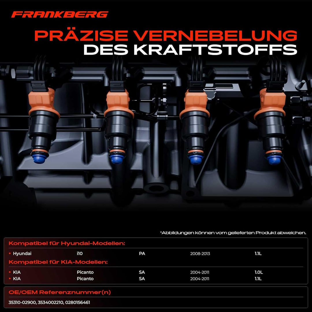 Frankberg 4x Einspritzventil Injektor Kompatibel mit i10 PA 1.1L 2008-2013 Picanto SA 1.0L 1.1L 2004
