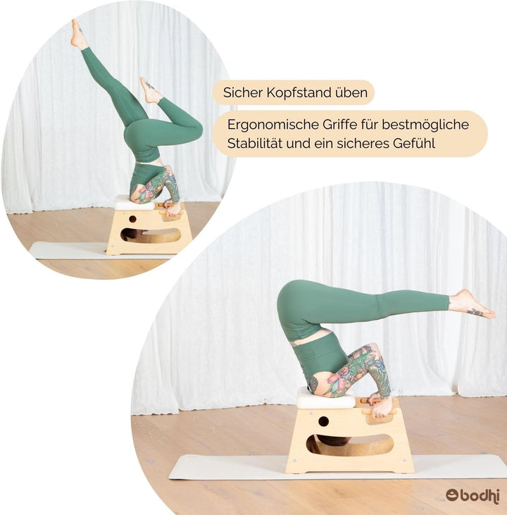Bodhi Kopfstandhocker| Yoga Hocker aus Holz mit praktischen Griffen | Yogastuhl mit Polster für Umke
